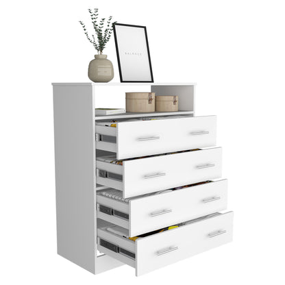 Four Drawer Bedroom Dresser in White | Open Top Shelf