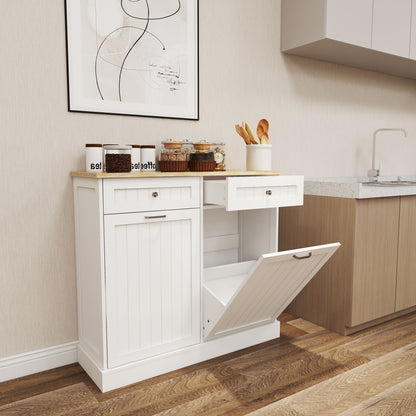 Kitchen Trash Cabinet with Tilt-Out Design - White, Two Drawers & Two Compartments