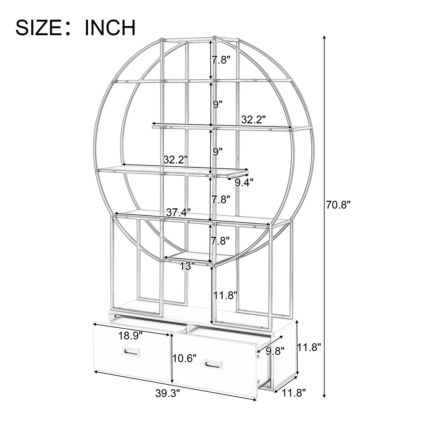 70.8" Round Office Bookcase - Bookshelf with Two Drawers & Gold Frame