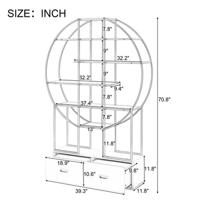 70.8" Round Office Bookcase - Bookshelf with Two Drawers & Gold Frame