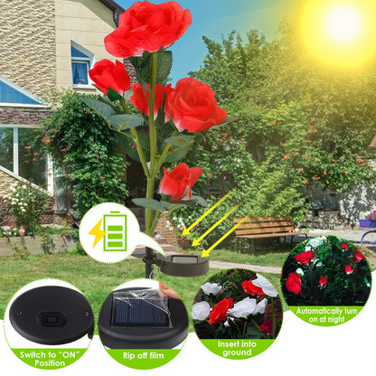 2Pcs Solar Powered Rose Flower LED Pathway Lights - Water Resistant