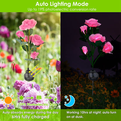 2Pcs Solar Powered Rose Flower LED Pathway Lights - Water Resistant