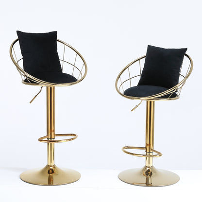 Black Velvet Bar Chair Set of 2 - Pure Gold Plated, 360° Rotation, Adjustable Height