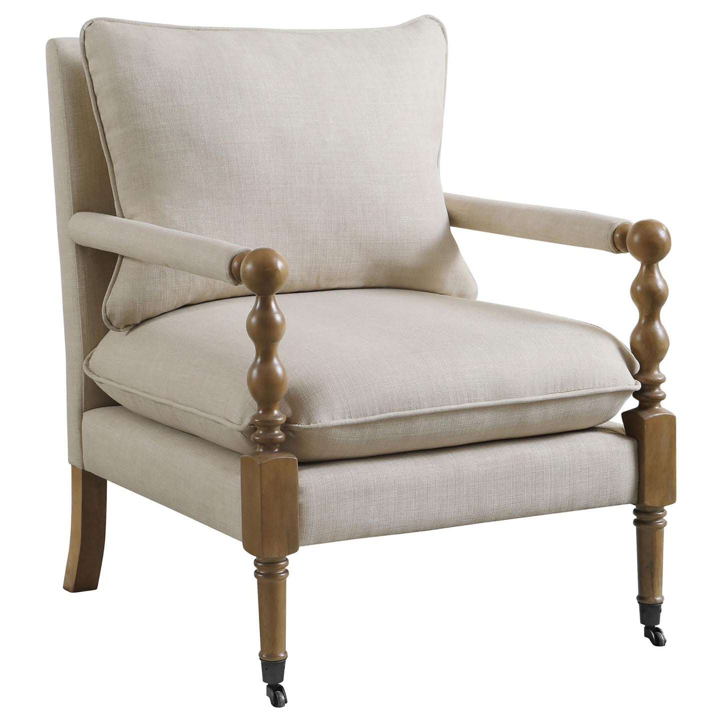 Beige Wooden Accent Chair with Turned Legs - Elegant & Mobile Design