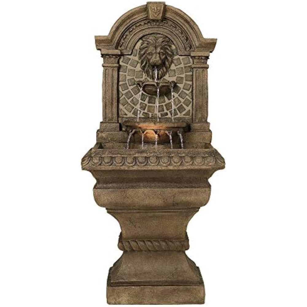 3-Tiered Wall Water Fountain with Royal Lions Head & LED Light - 51" High for Garden, Patio, Backyard, Deck