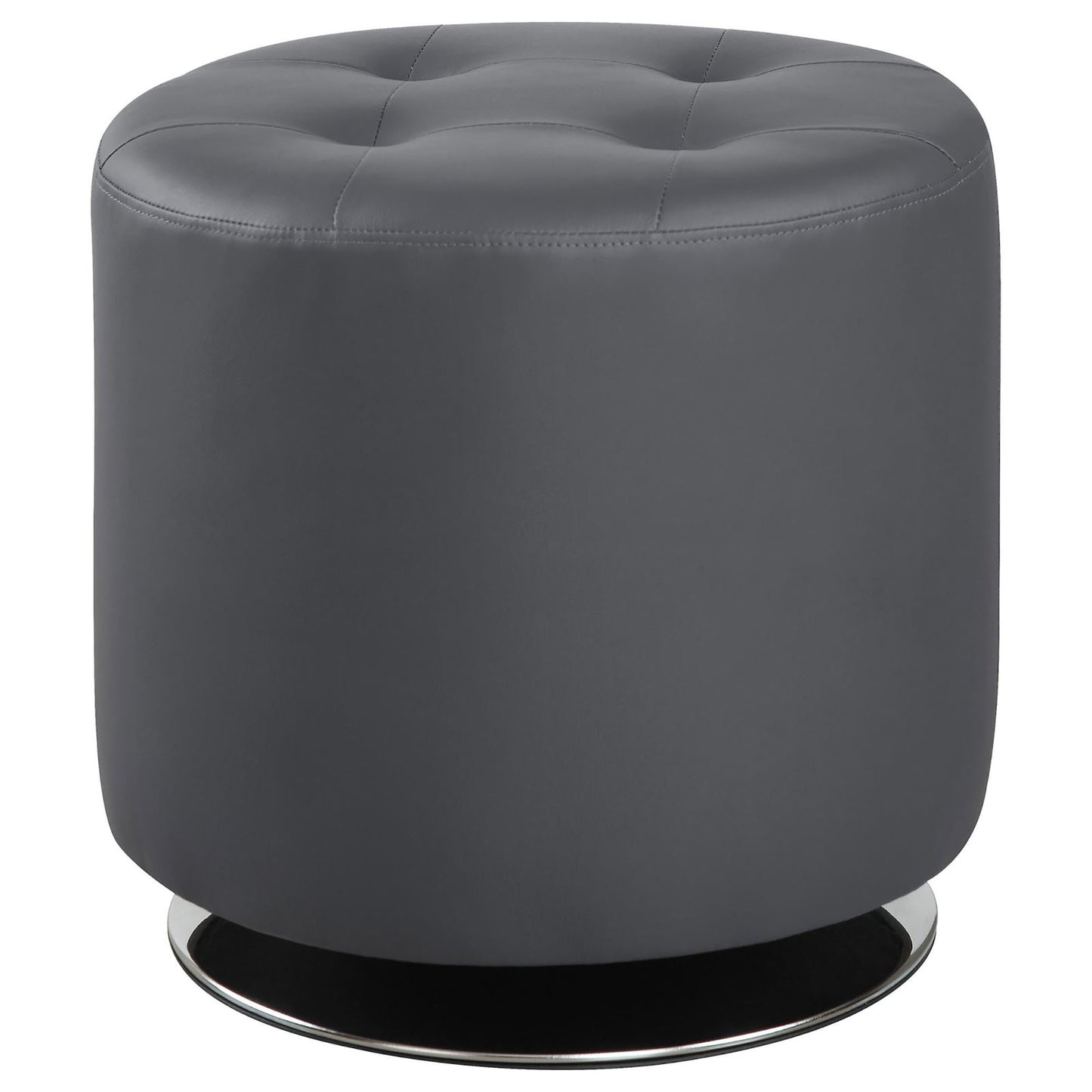 Gray Round Ottoman - Tufted Bonded Leather Upholstery with Chrome Swivel Base