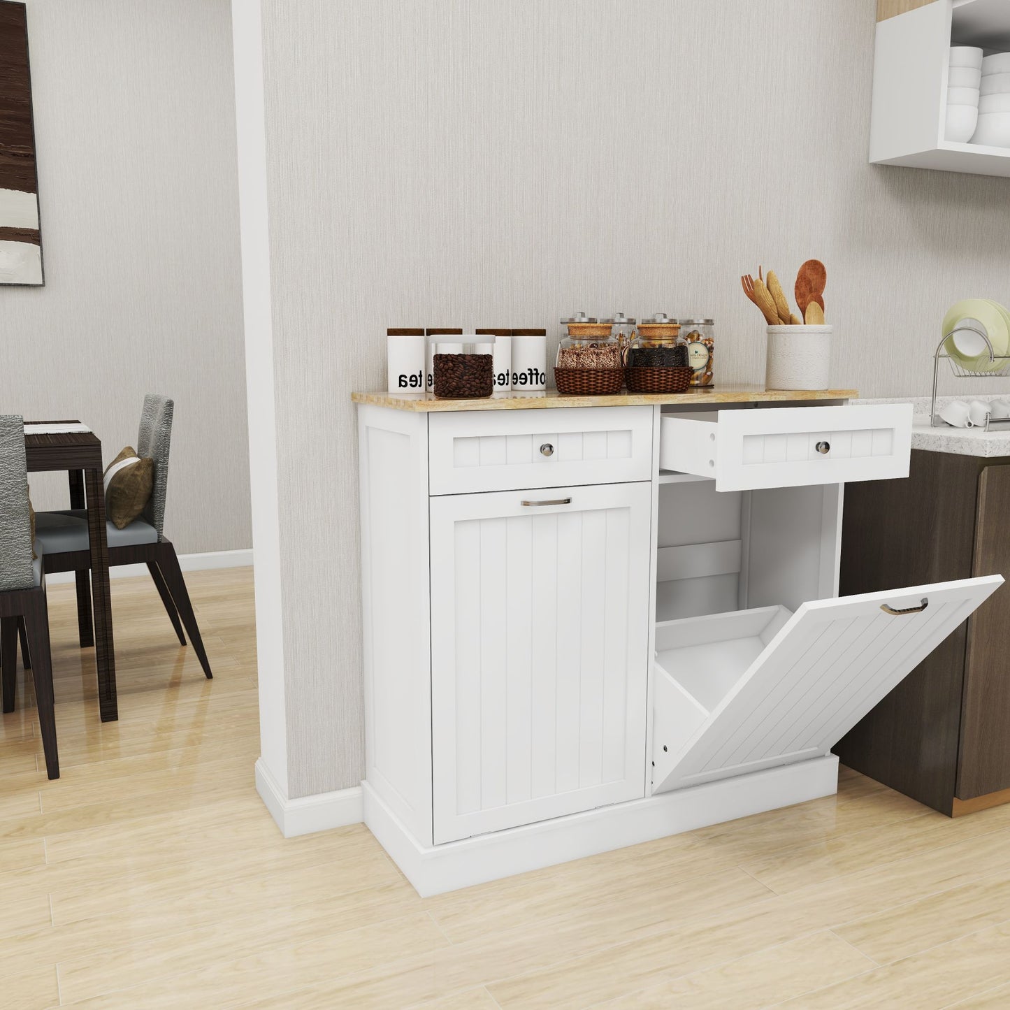 Kitchen Trash Cabinet with Tilt-Out Design - White, Two Drawers & Two Compartments