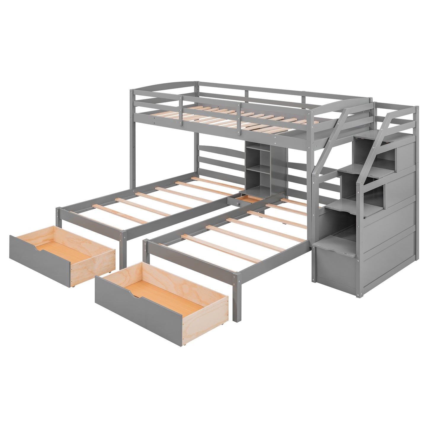 Triple Twin Bunk Bed with Drawers & Storage Staircase