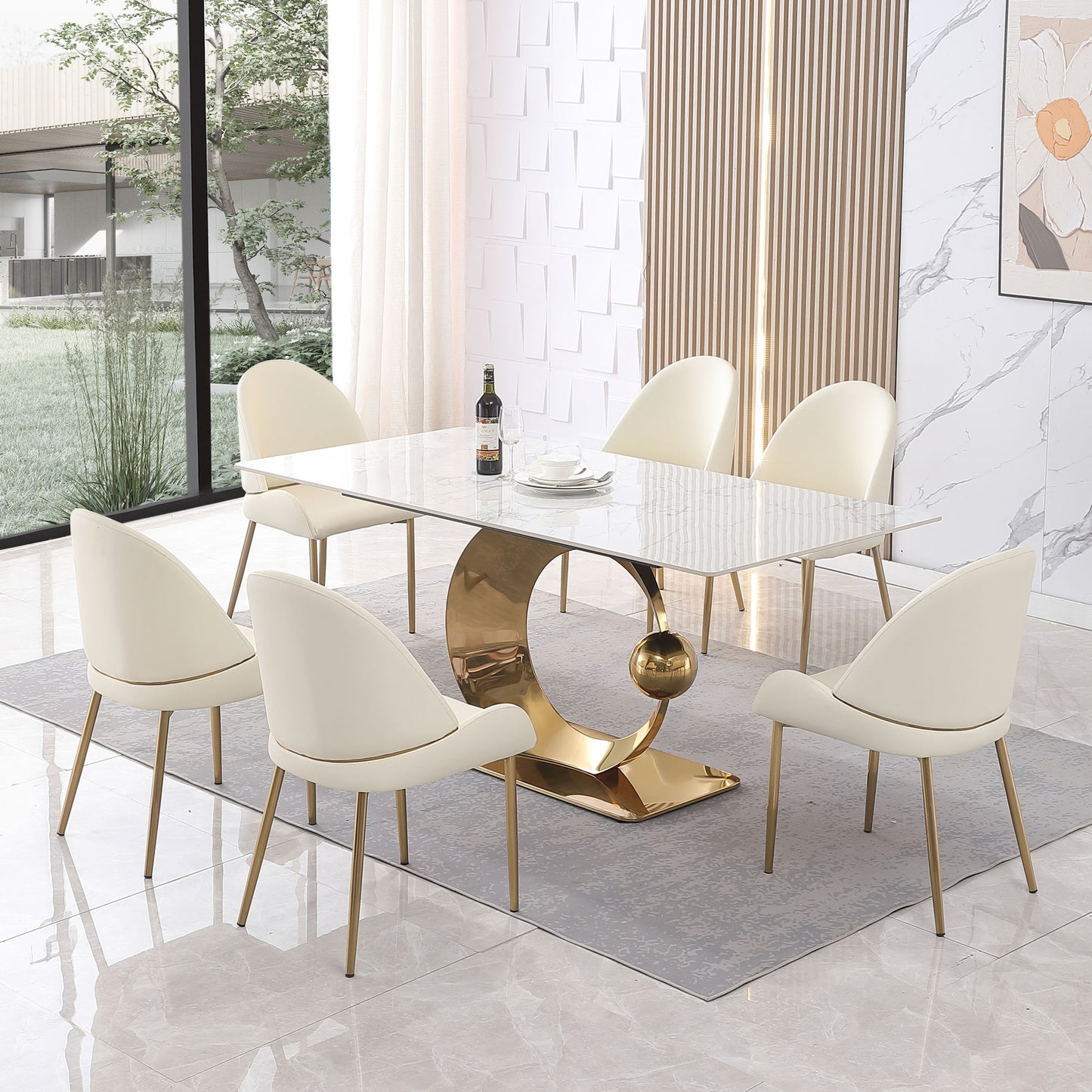 71-Inch Stone Dining Table with Carrara White Color and Round Carbon Steel Pedestal Base, Includes 6 Chairs