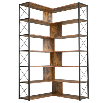 7-Tier L-Shaped Corner Bookcase - Industrial Style Home Office Bookshelf