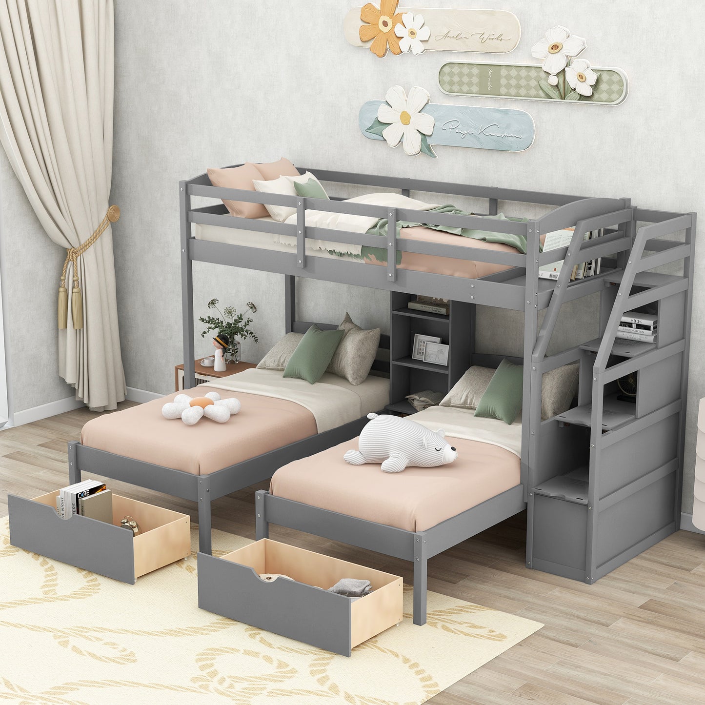 Triple Twin Bunk Bed with Drawers & Storage Staircase