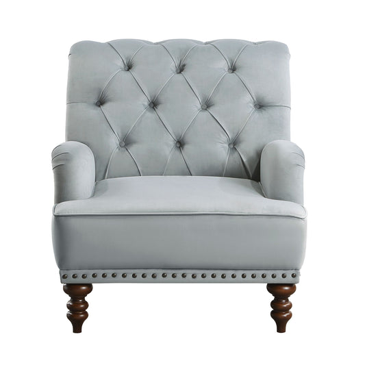 Luxurious Accent Chair Gray Velvet Upholstered Button Tufted with Nailhead Trim