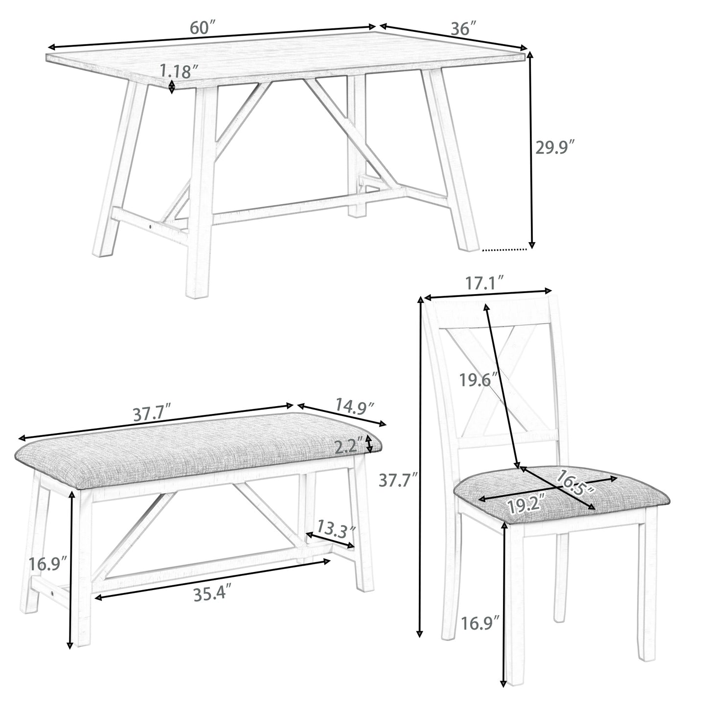 6-Piece Rustic Dining Table Set - Table, Bench & 4 Chairs