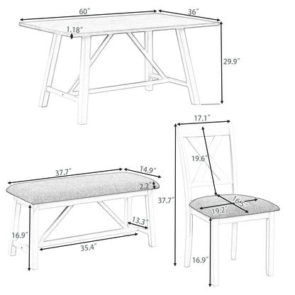 6-Piece Rustic Dining Table Set - Table, Bench & 4 Chairs