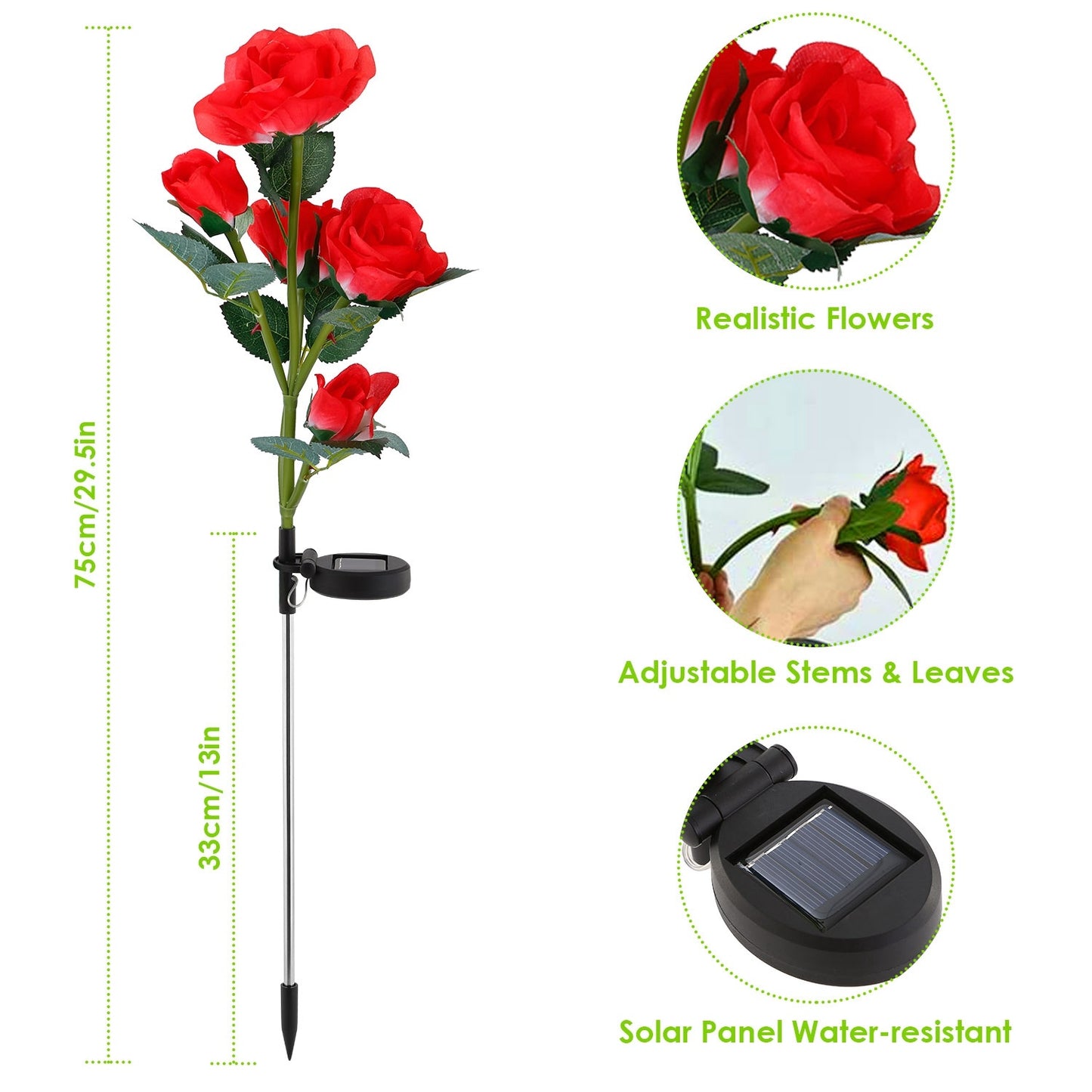 2Pcs Solar Powered Rose Flower LED Pathway Lights - Water Resistant