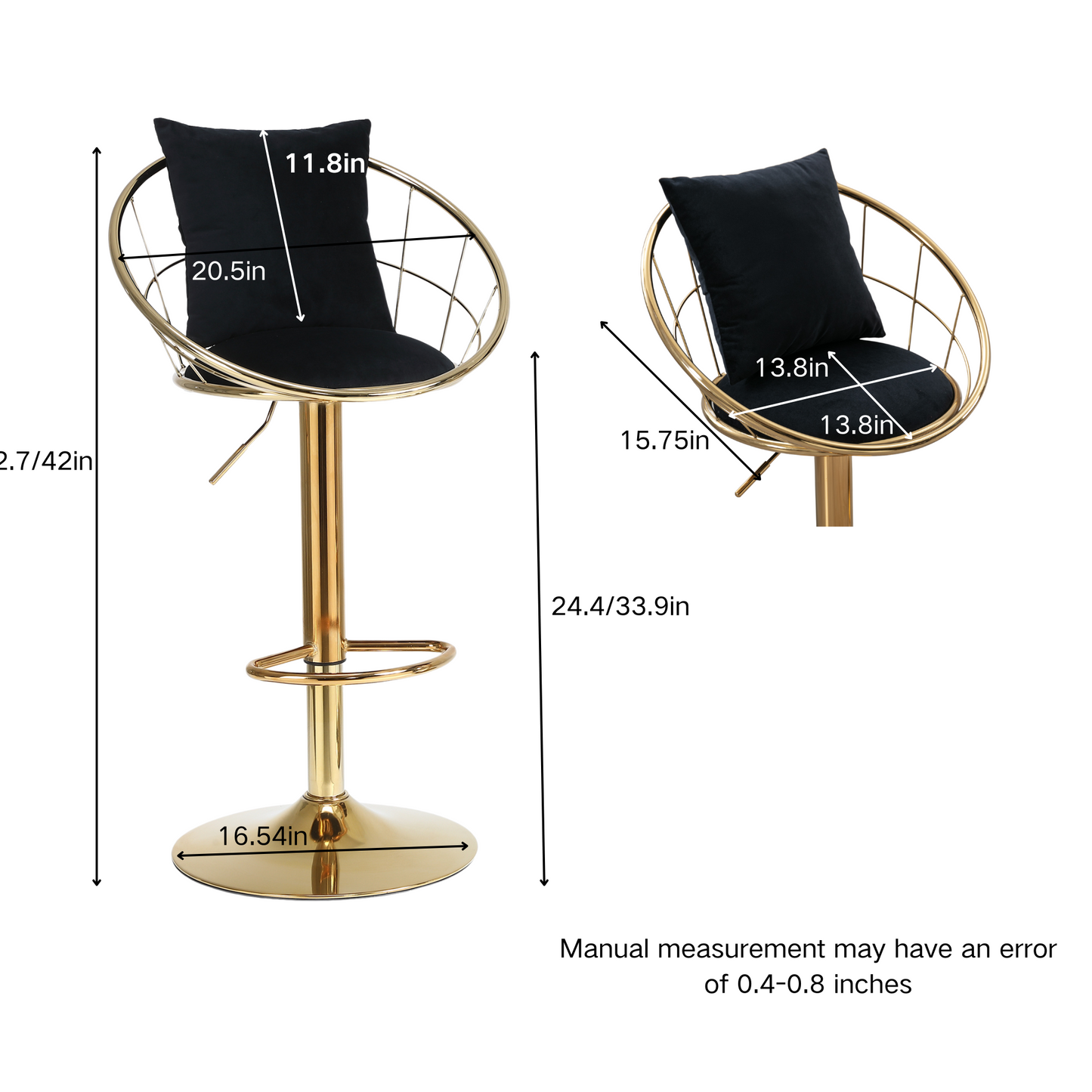 Black Velvet Bar Chair Set of 2 - Pure Gold Plated, 360° Rotation, Adjustable Height