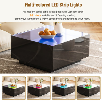 Square High Glossy Coffee Table with 16-Color LED Strip Lights | Black, 27.5" x 27.5"