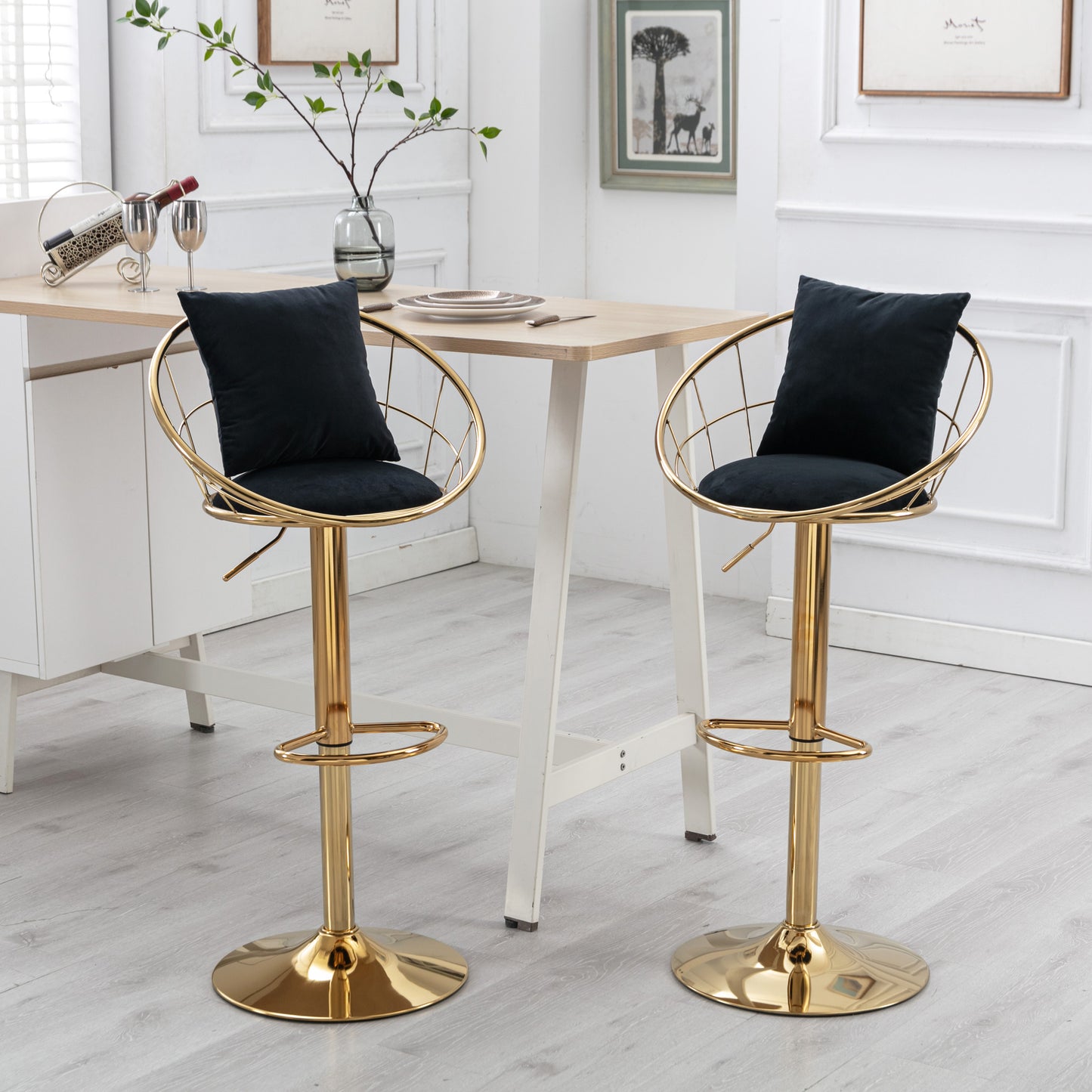 Black Velvet Bar Chair Set of 2 - Pure Gold Plated, 360° Rotation, Adjustable Height