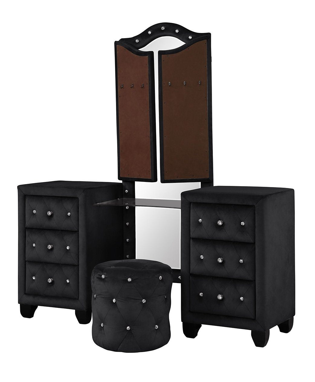 Maya Crystal Tufted King 4 Pc Vanity Bedroom Set - Wood, Black