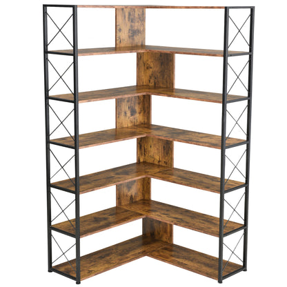 7-Tier L-Shaped Corner Bookcase - Industrial Style Home Office Bookshelf