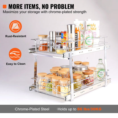 Pull Out Cabinet Organizer 2-Tier - 13"W x 21"D Heavy Duty Slide Out Shelves