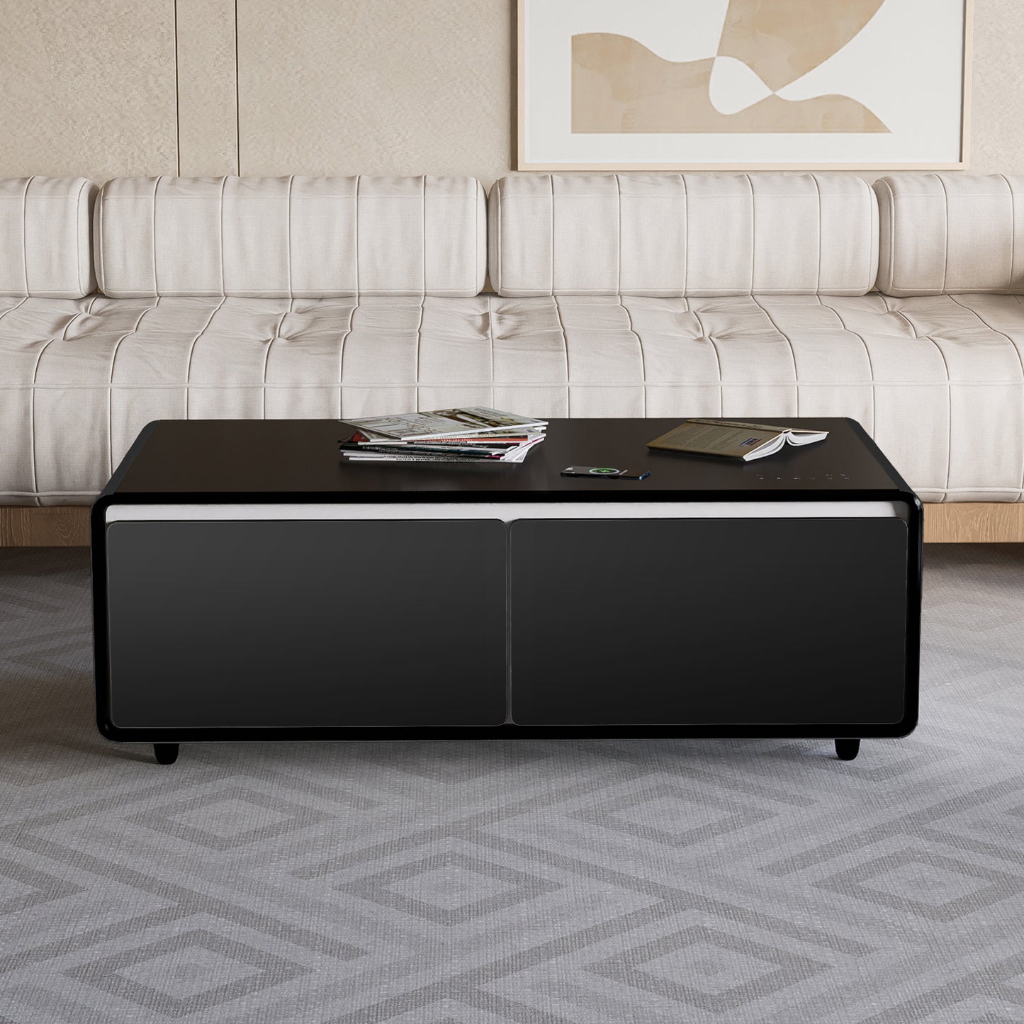 Modern Smart Coffee Table - Built-in Fridge, Bluetooth Speaker, Wireless Charging, Black