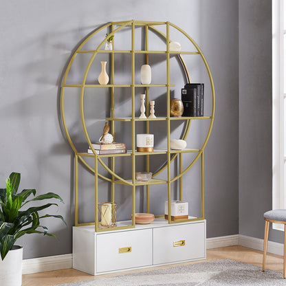 70.8" Round Office Bookcase - Bookshelf with Two Drawers & Gold Frame