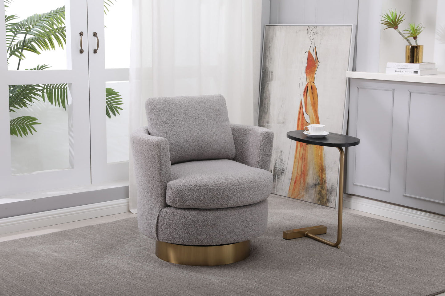 Swivel Barrel Chair with Gold Stainless Steel Base, Gray Accent Chair