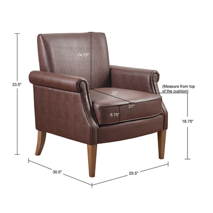 Faux Leather Accent Arm Chair - Solid Wood Frame & Pecan Finish