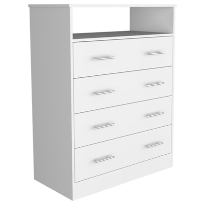 Four Drawer Bedroom Dresser in White | Open Top Shelf