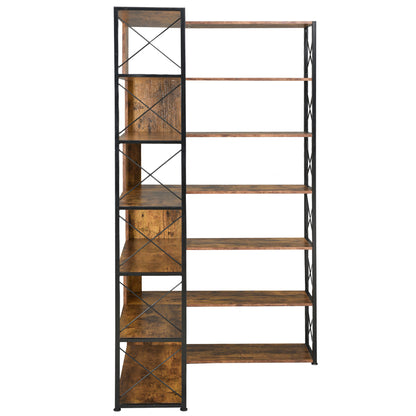 7-Tier L-Shaped Corner Bookcase - Industrial Style Home Office Bookshelf