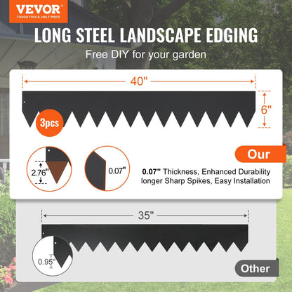 Steel Landscape Edging - 3-Pack Garden Borders, 40" L x 6" H Strips