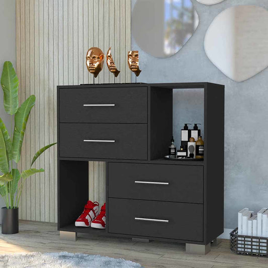 Dresser with Four Drawers & Two Open Shelves - Black Finish