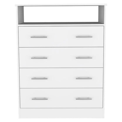 Four Drawer Bedroom Dresser in White | Open Top Shelf