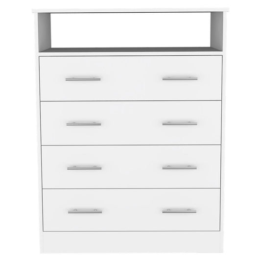 Four Drawer Bedroom Dresser in White | Open Top Shelf