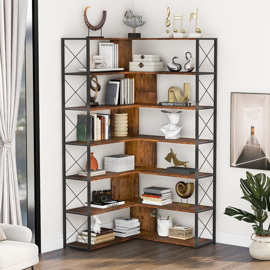 7-Tier L-Shaped Corner Bookcase - Industrial Style Home Office Bookshelf