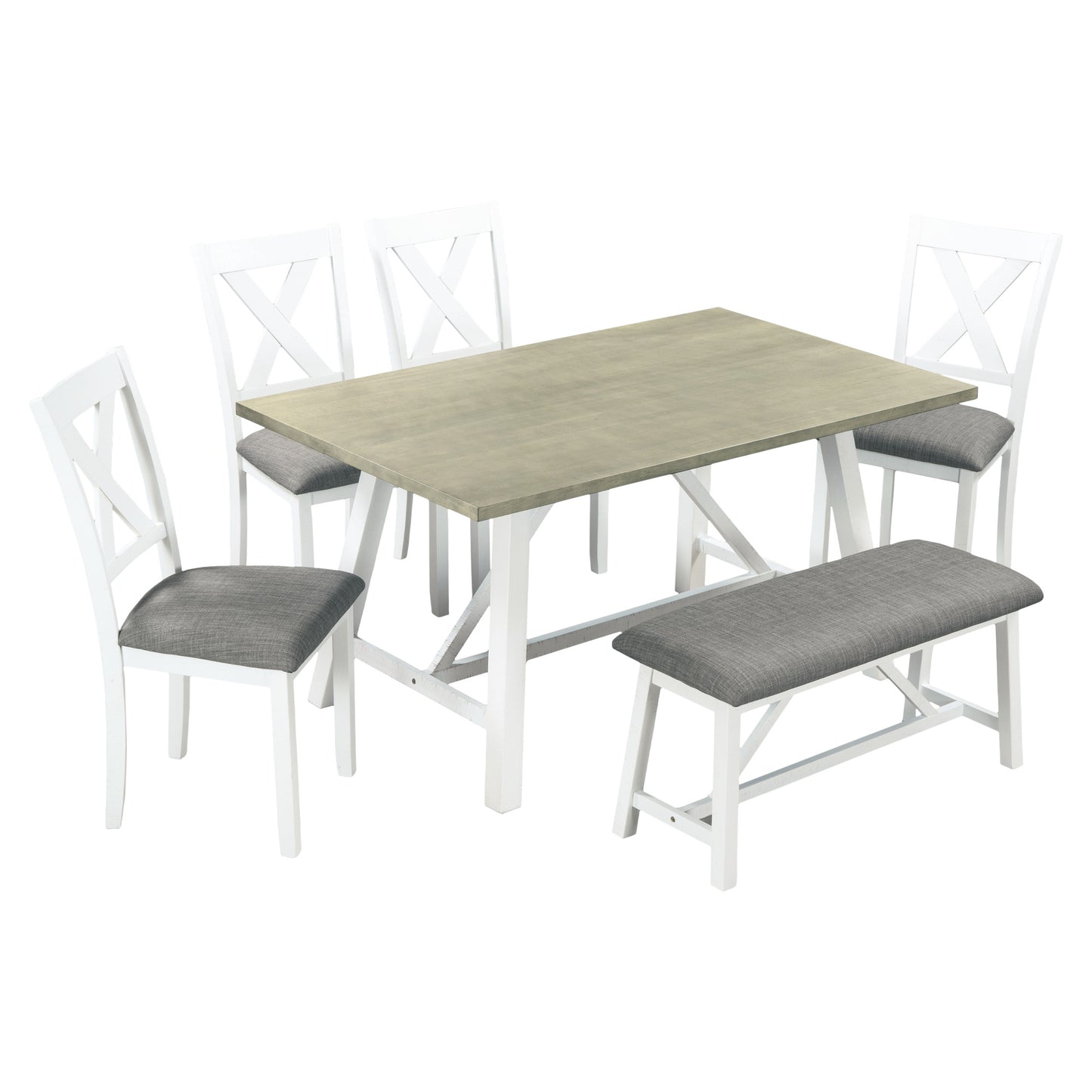 6-Piece Rustic Dining Table Set - Table, Bench & 4 Chairs