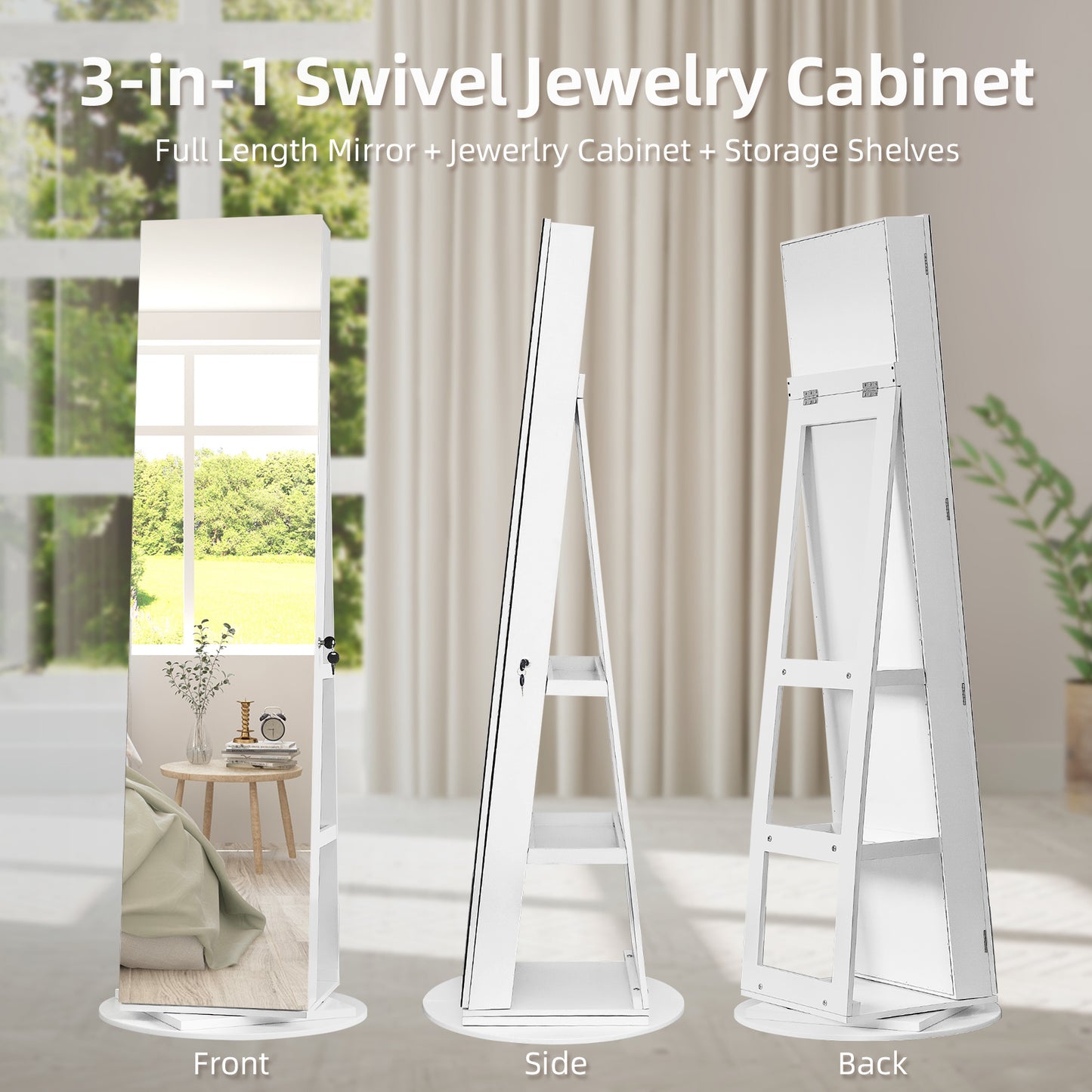 Jewelry Armoire with Full Length 360° Mirror - Lockable Jewelry Organizer