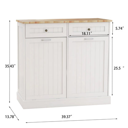 Kitchen Trash Cabinet with Tilt-Out Design - White, Two Drawers & Two Compartments