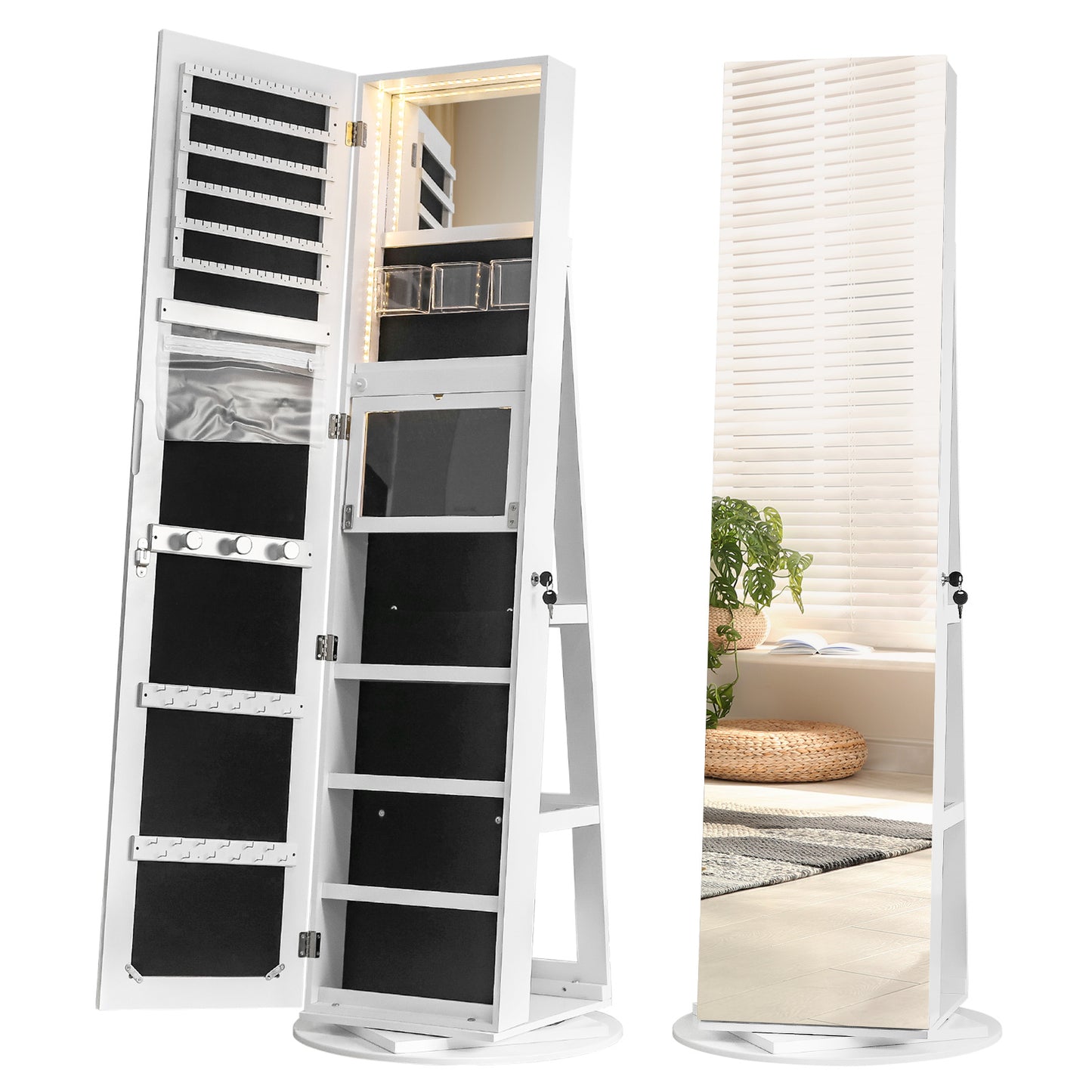 Jewelry Armoire with Full Length 360° Mirror - Lockable Jewelry Organizer