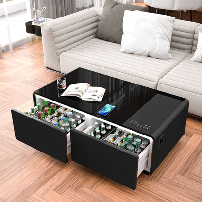 Modern Smart Coffee Table - Built-in Fridge, Bluetooth Speaker, Wireless Charging, Black