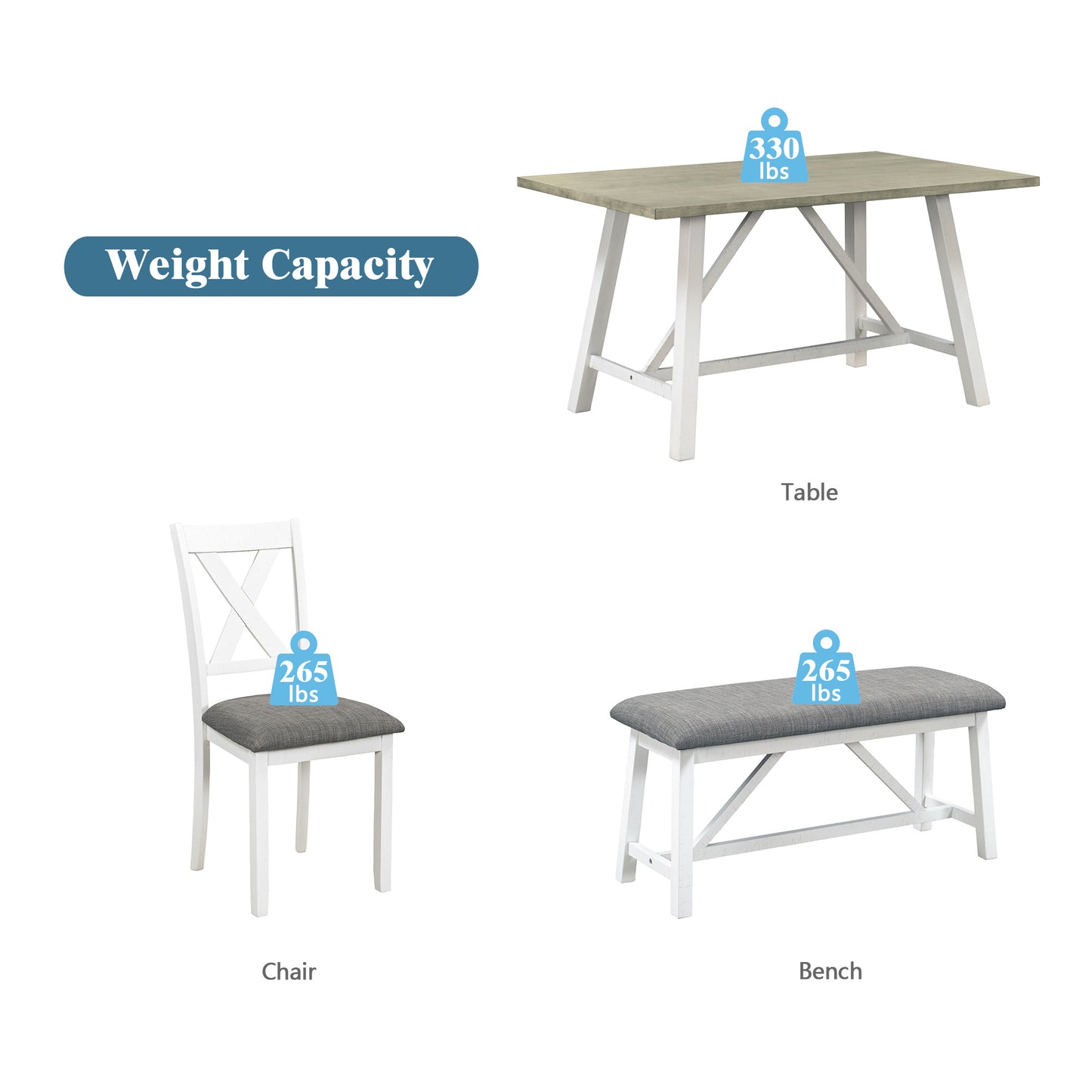 6-Piece Rustic Dining Table Set - Table, Bench & 4 Chairs