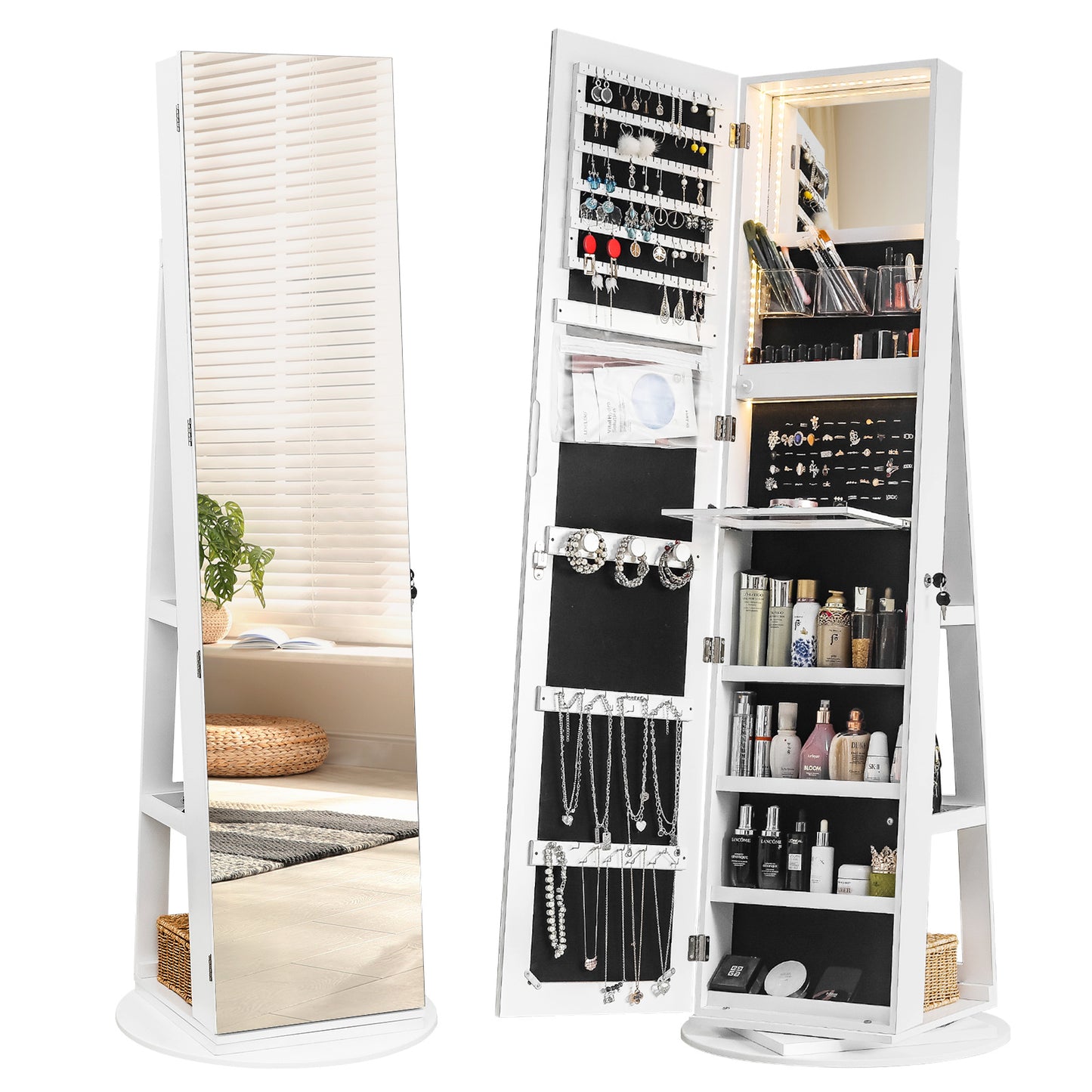 Jewelry Armoire with Full Length 360° Mirror - Lockable Jewelry Organizer