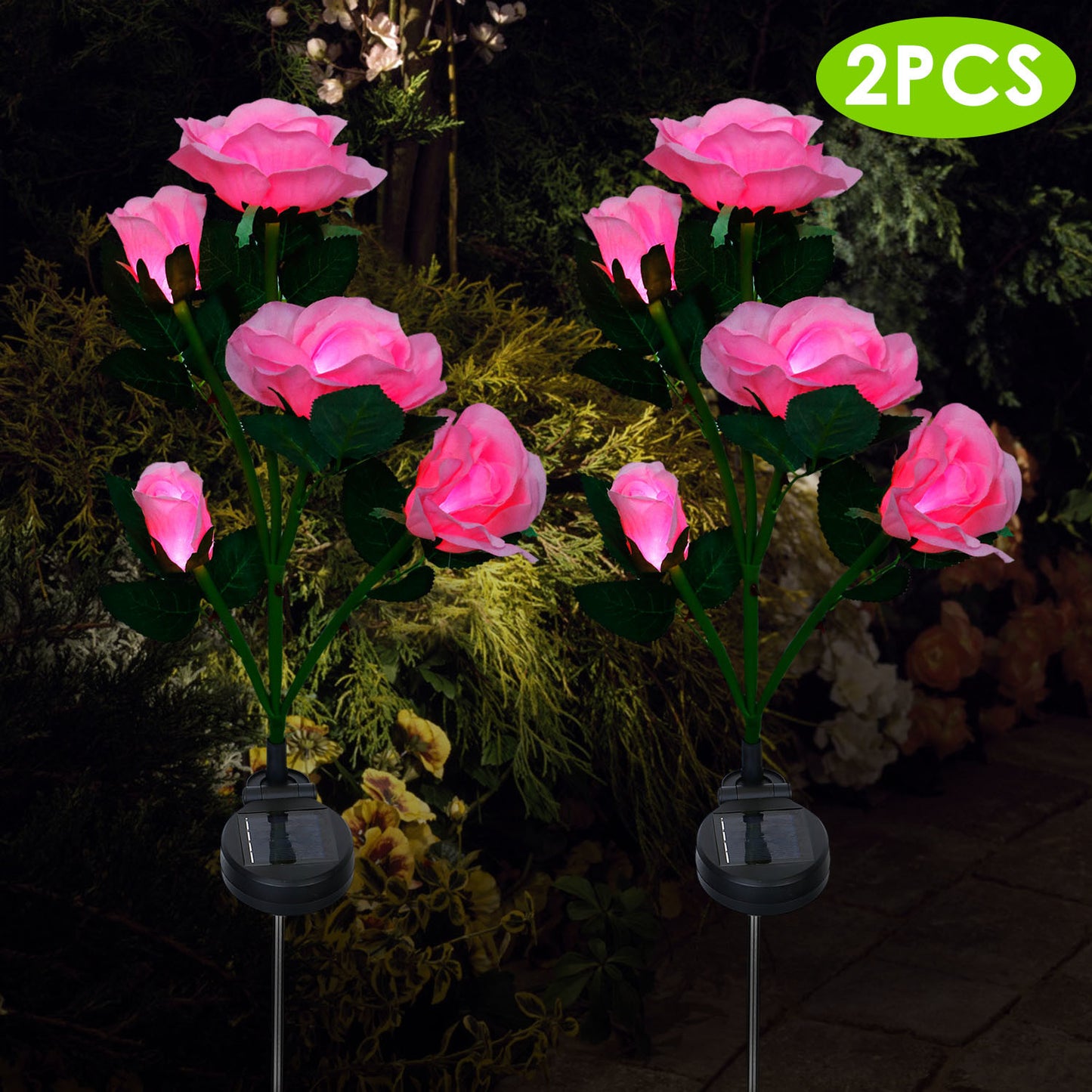 2Pcs Solar Powered Rose Flower LED Pathway Lights - Water Resistant