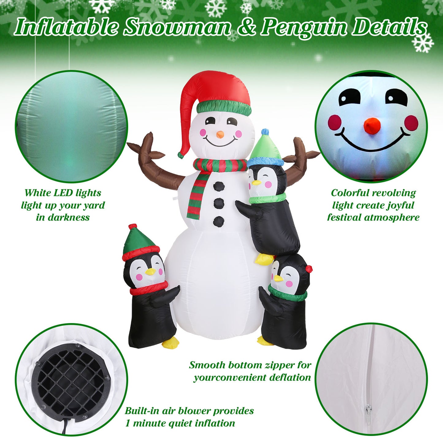 5.9FT Christmas Inflatable Outdoor Snowman & Penguin Decoration - LED Light Blow Up Yard Decor with Built-in Air Blower